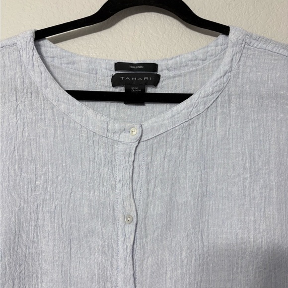 Tahari Soft Blue Crinkle Linen Oversized Cap Sleeve Button Down Top. Round Neck - Picture 2 of 11